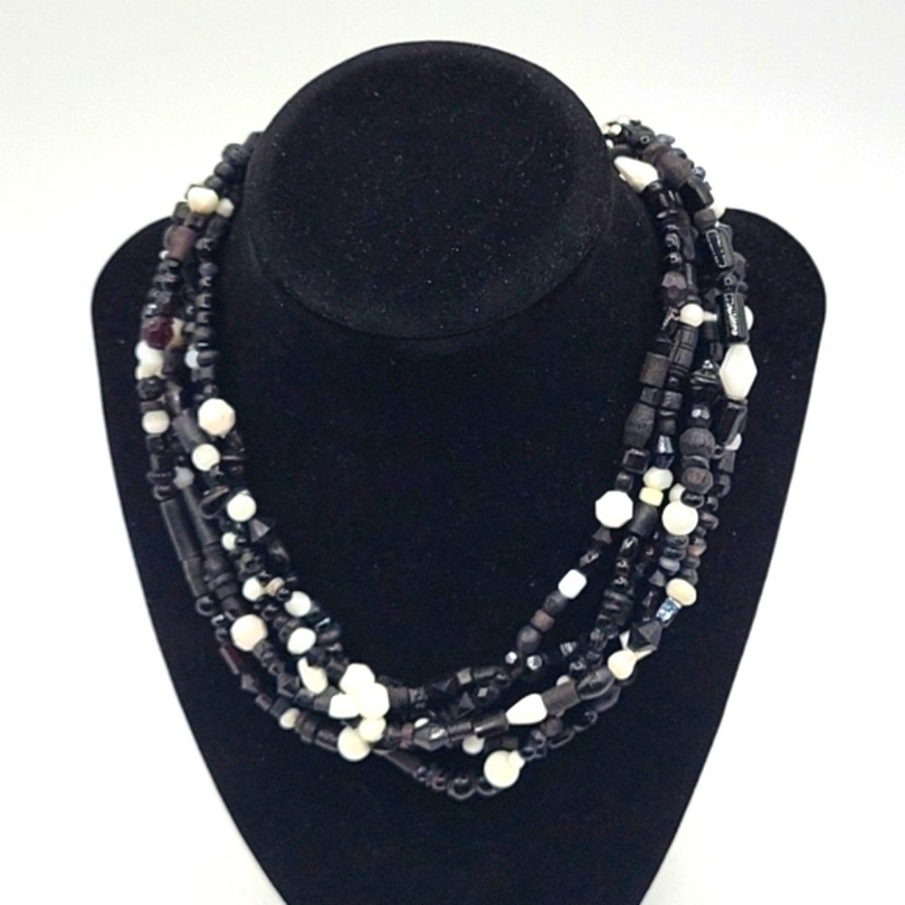 Vintage Multistrand Black & White Layered Necklace Adjustable Length
